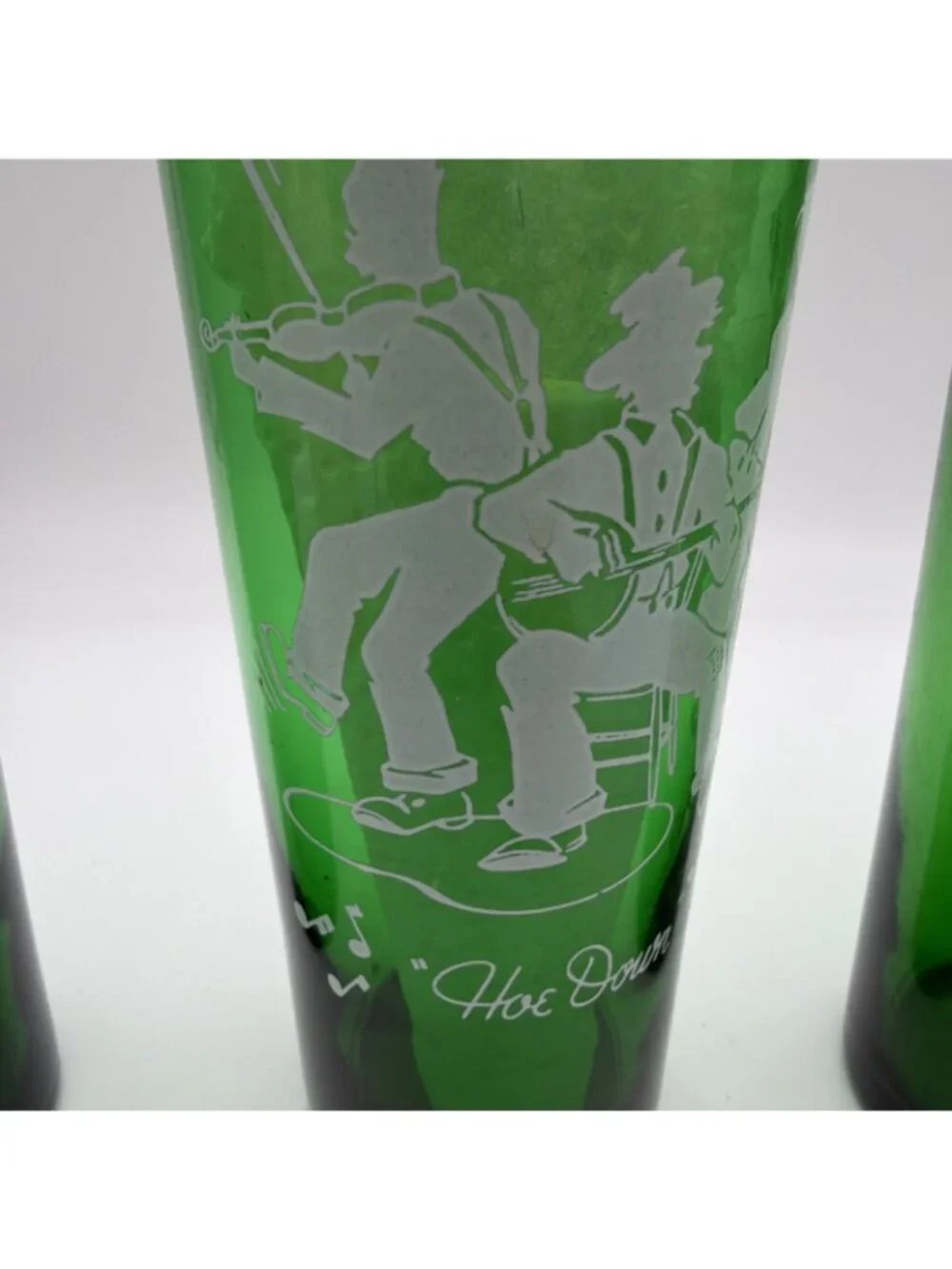 4 ANCHOR HOCKING GREEN DRINKING GLASSES MCM Various Scenes Highball 6.5”